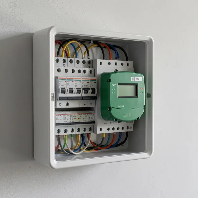 Compteur communicant et disjoncteur dans un tableau électrique de maison individuelle