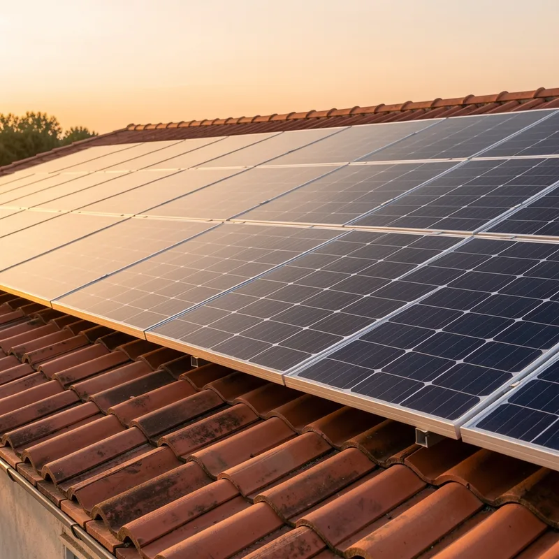 Panneaux solaires en toiture d&rsquo;une maison individuelle sous un ciel de fin d&rsquo;après-midi