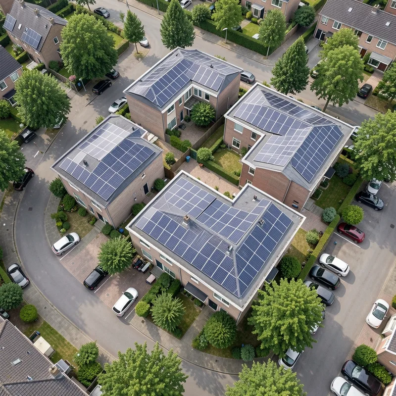 Toitures solaires d&rsquo;un ensemble de logements collectifs vues du dessus