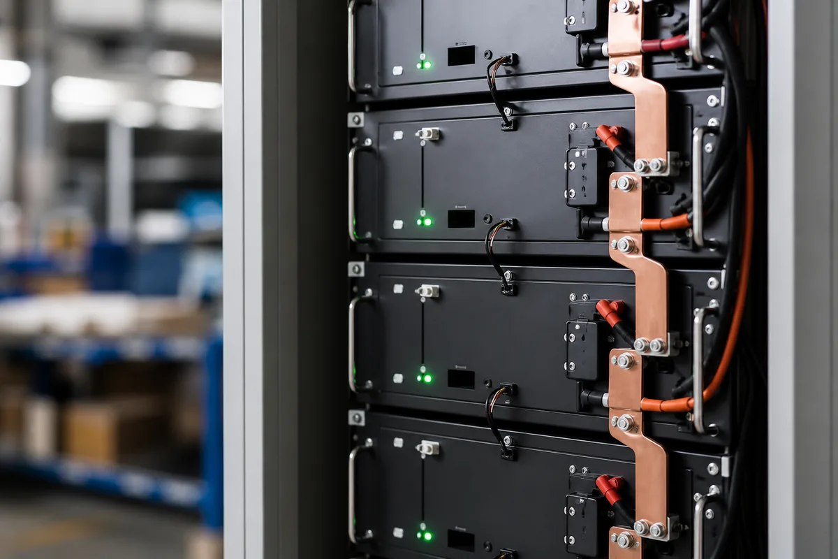Modules de batteries lithium fer phosphate empilés dans un coffret technique ouvert