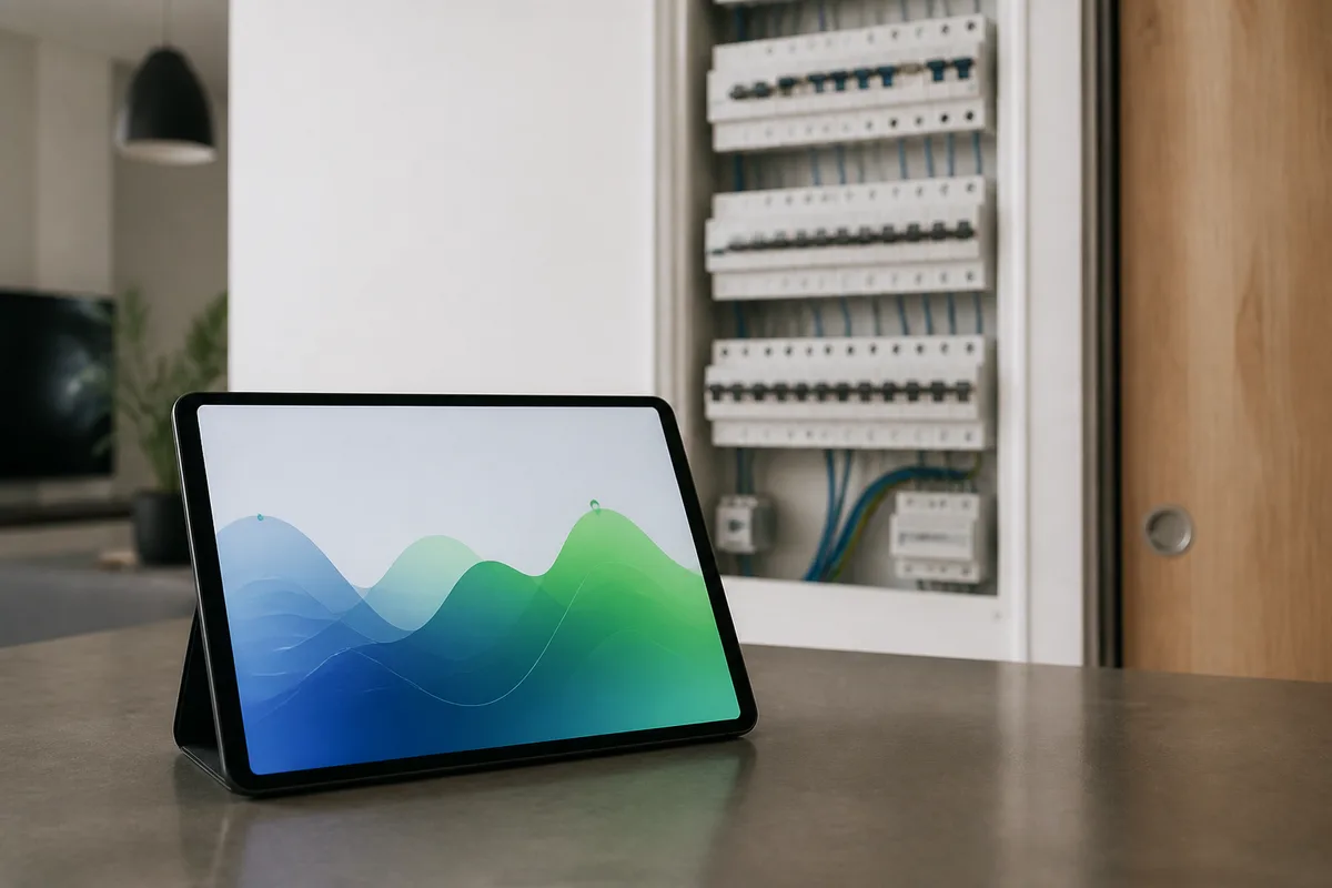 Compteur communicant et tableau électrique domestique avec une courbe de consommation affichée sur une tablette
