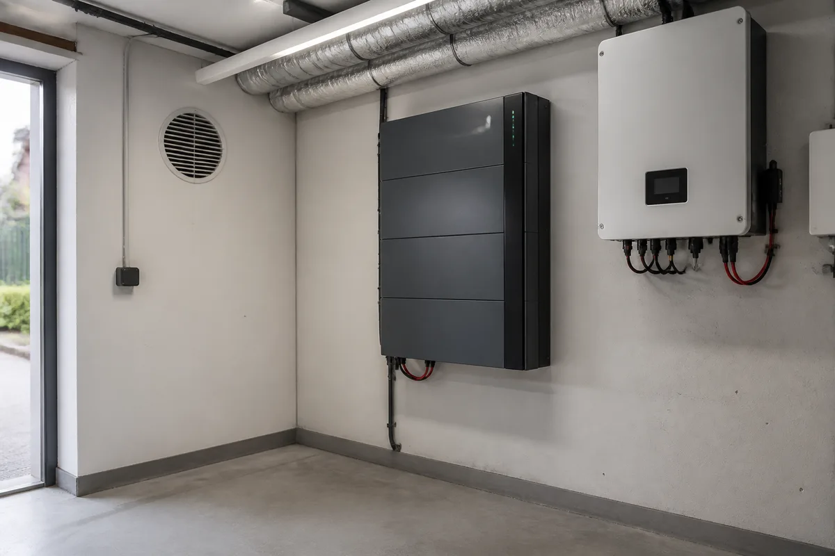 Coffret de stockage solaire raccordé dans un local technique ventilé d&rsquo;une maison individuelle