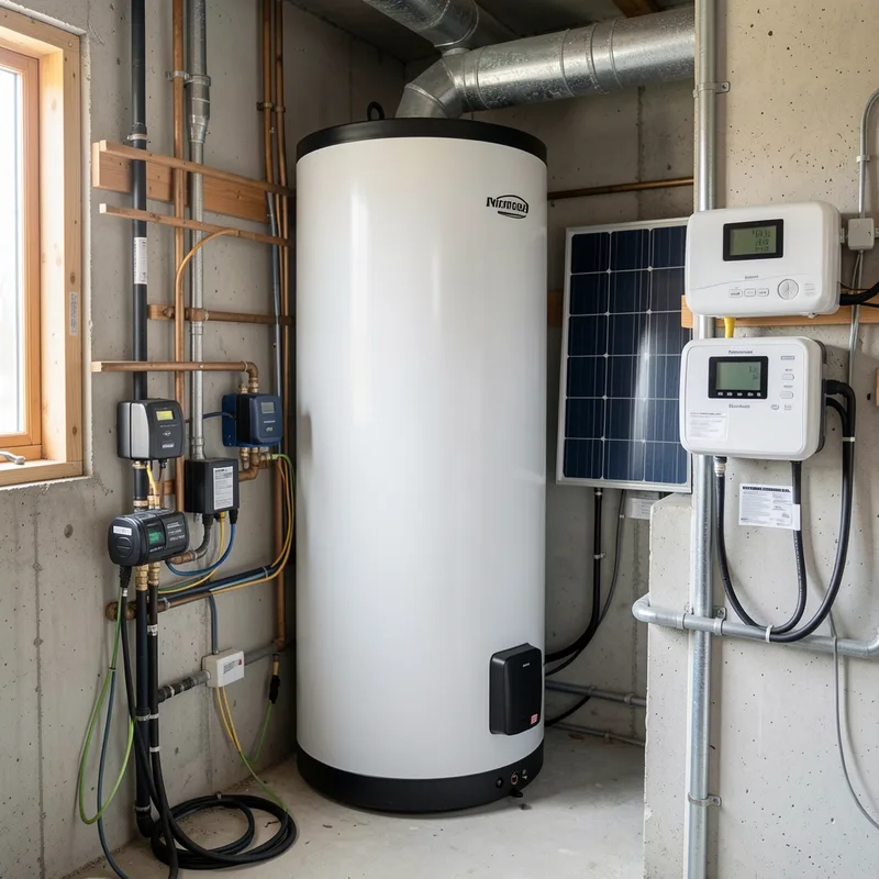 Ballon thermodynamique installé dans le garage d’une maison, relié à sa pompe à chaleur intégrée