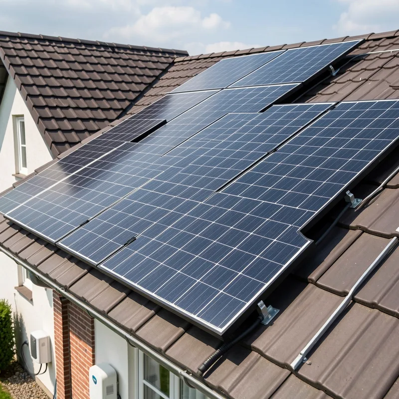 Panneaux photovoltaïques posés sur la toiture inclinée d&rsquo;une maison en région lyonnaise