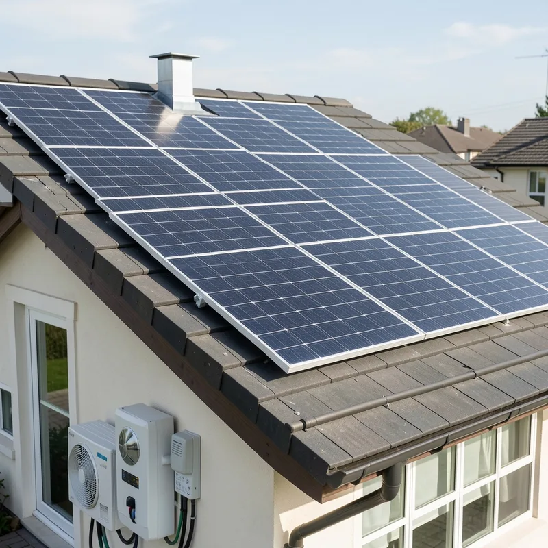 Panneaux photovoltaïques installés sur une toiture pentue d&rsquo;un pavillon lyonnais
